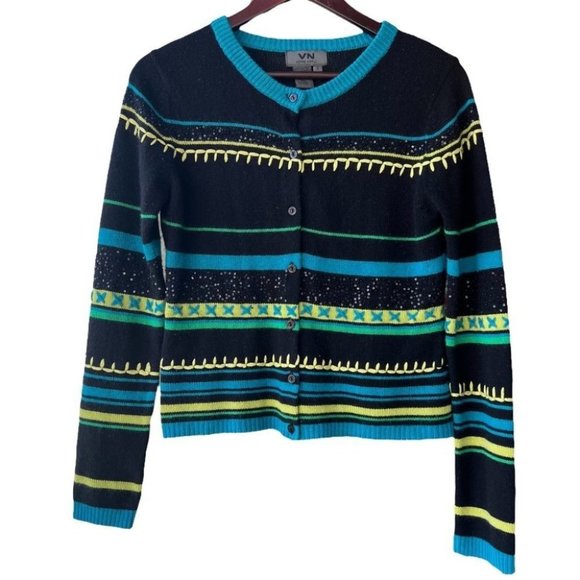 Vintage Votre Nom silk/cashmere blend embroidered striped cardigan - Picture 1 of 7